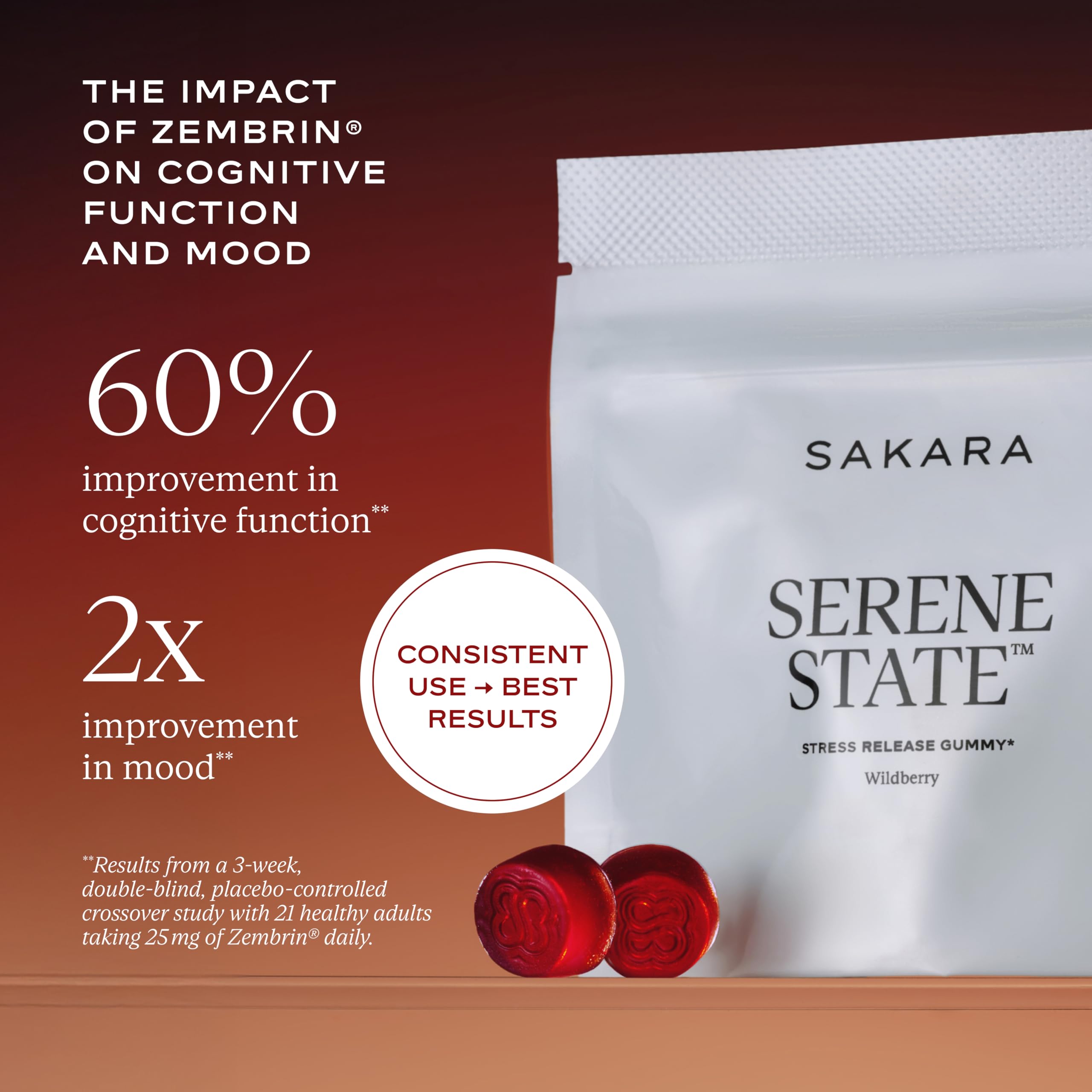 SAKARA Serene State gummies label highlights clean ingredients and vegan formulation.