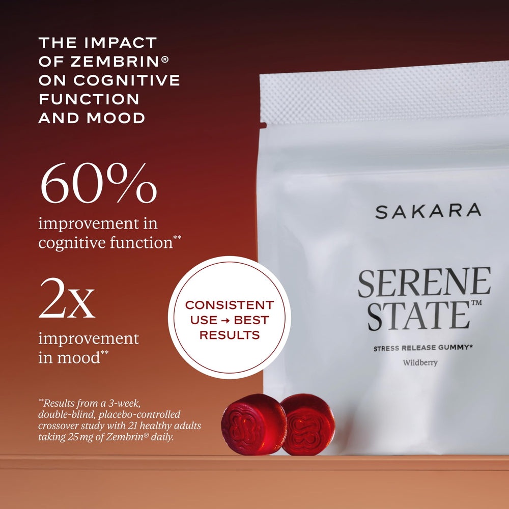 SAKARA Serene State gummies label highlights clean ingredients and vegan formulation.