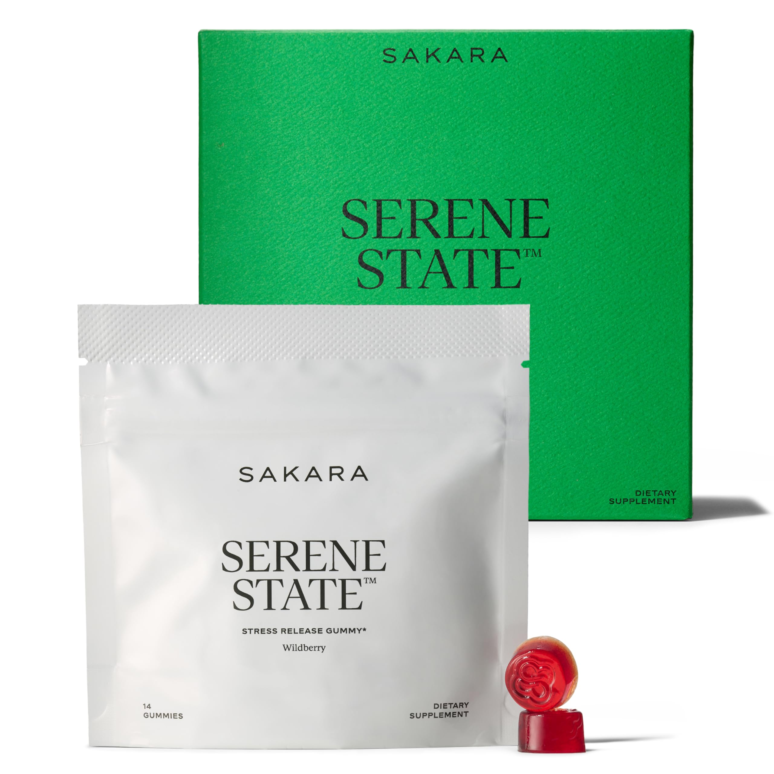 SAKARA Serene State gummies wildberry packaging highlighting stress-relief and wellness focus.