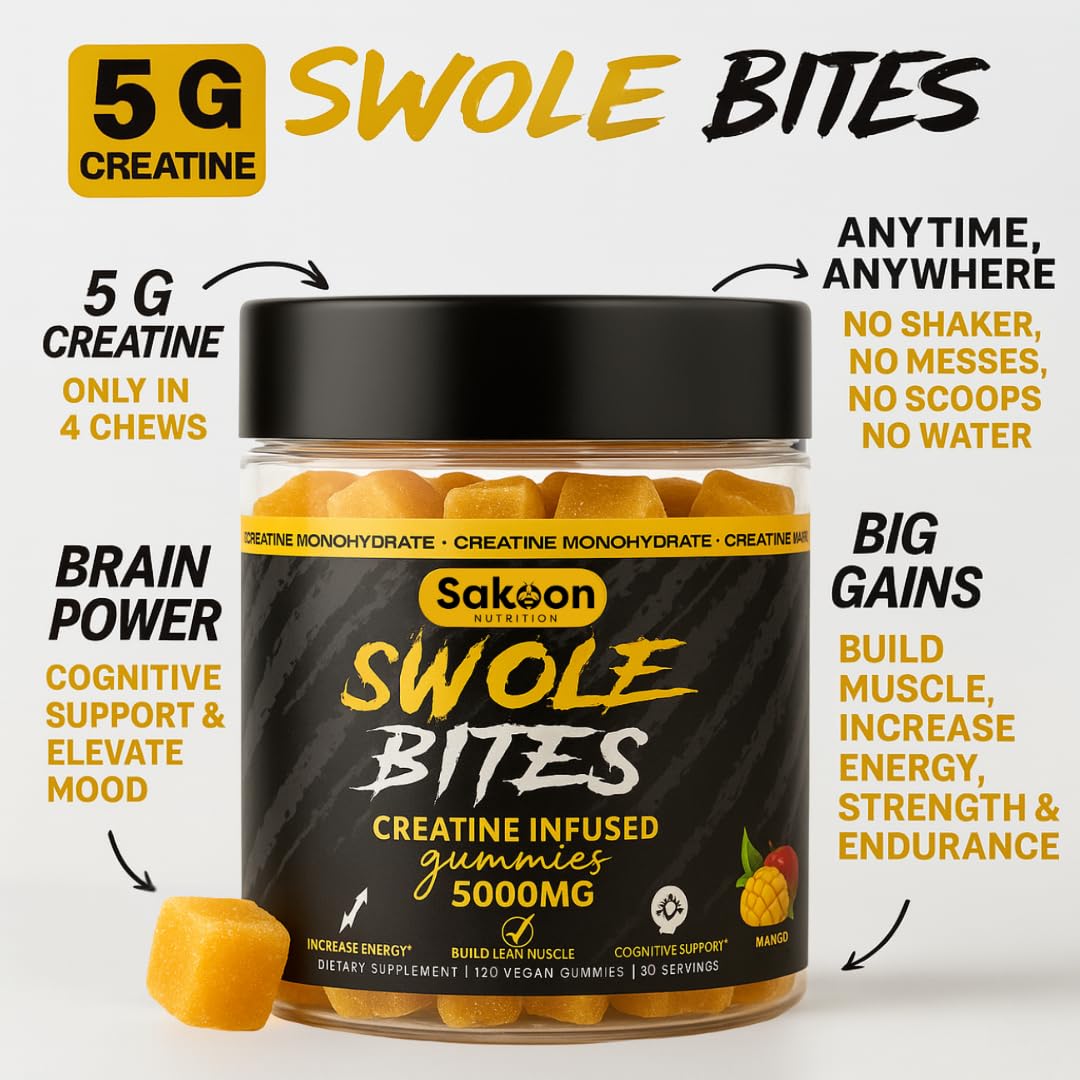 Sakoon Nutrition Creatine Gummies close-up shows chewy texture and mango taste.