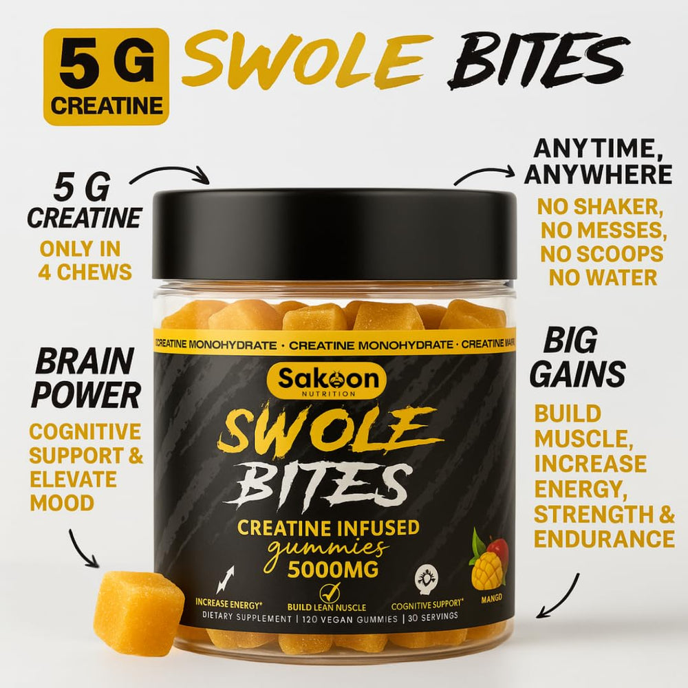 Sakoon Nutrition Creatine Gummies close-up shows chewy texture and mango taste.