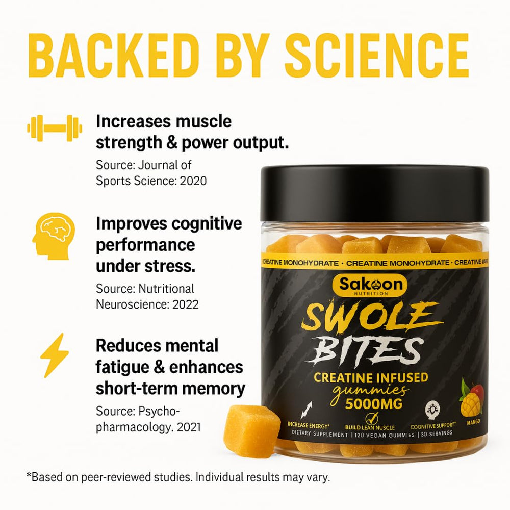 Sakoon Nutrition Creatine Gummies daily-use bottle on gym shelf.