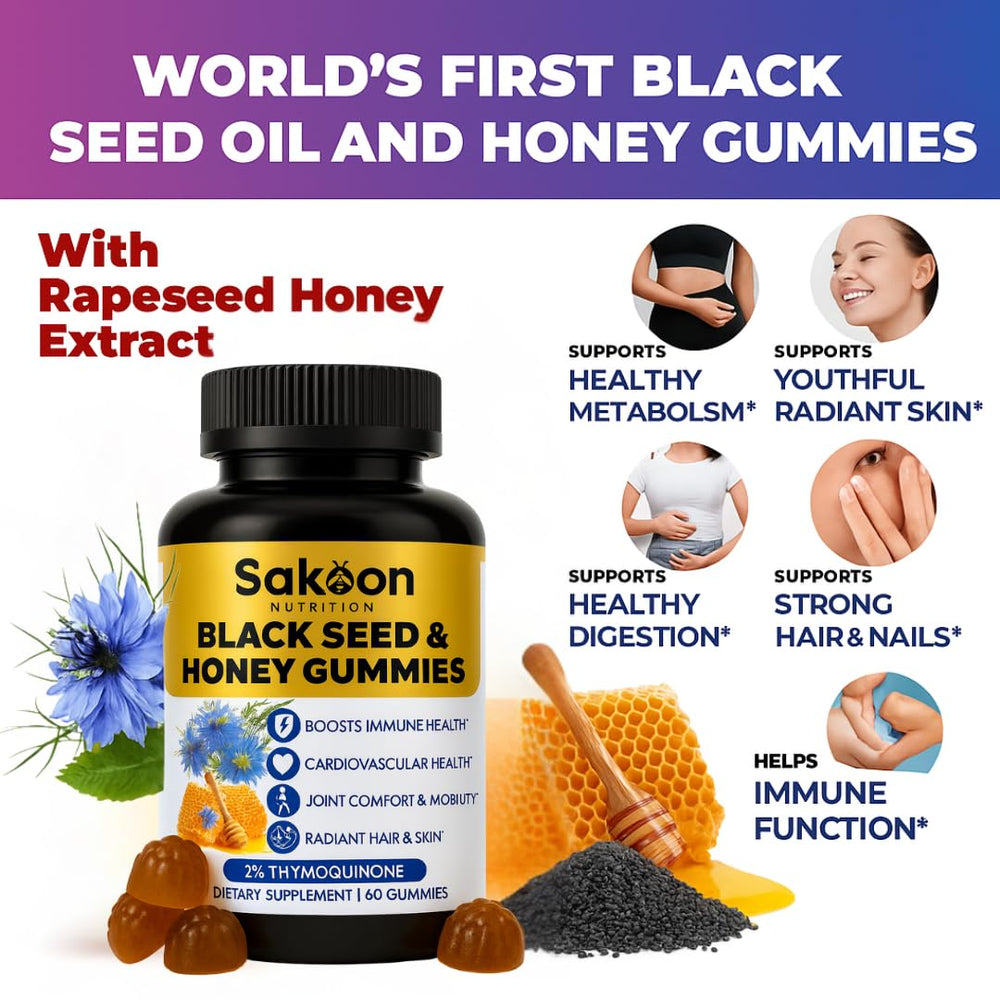 Sakoon Nutrition Black Seed Oil Gummies jar label highlighting honey and thymoquinone benefits.