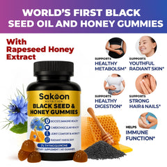 Sakoon Nutrition Black Seed Oil Gummies jar label highlighting honey and thymoquinone benefits.