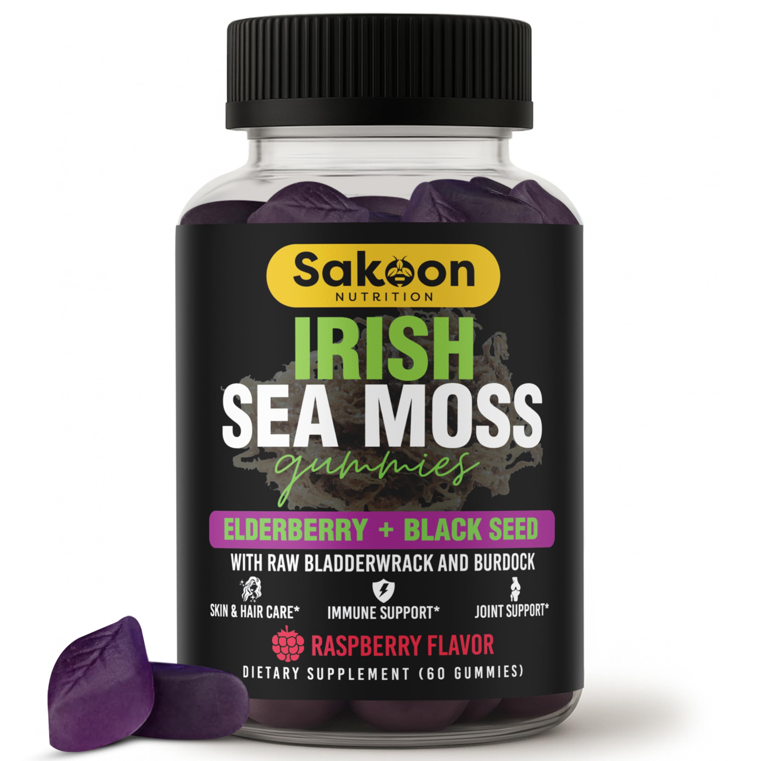 Sakoon Nutrition Irish Sea Moss Gummies raspberry bottle for convenient daily wellness