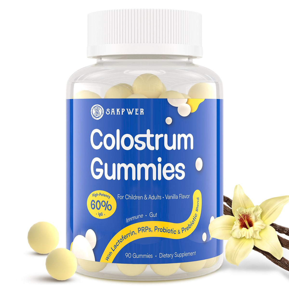 Sakpwer Bovine Colostrum Gummies bottle front highlighting vanilla flavor and sugar-free formula.