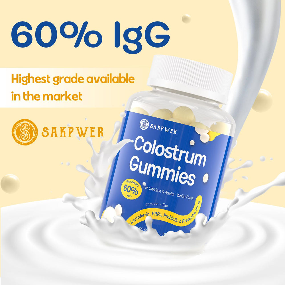 Sakpwer Bovine Colostrum packaging with probiotic symbols suggests gut-friendly benefits.