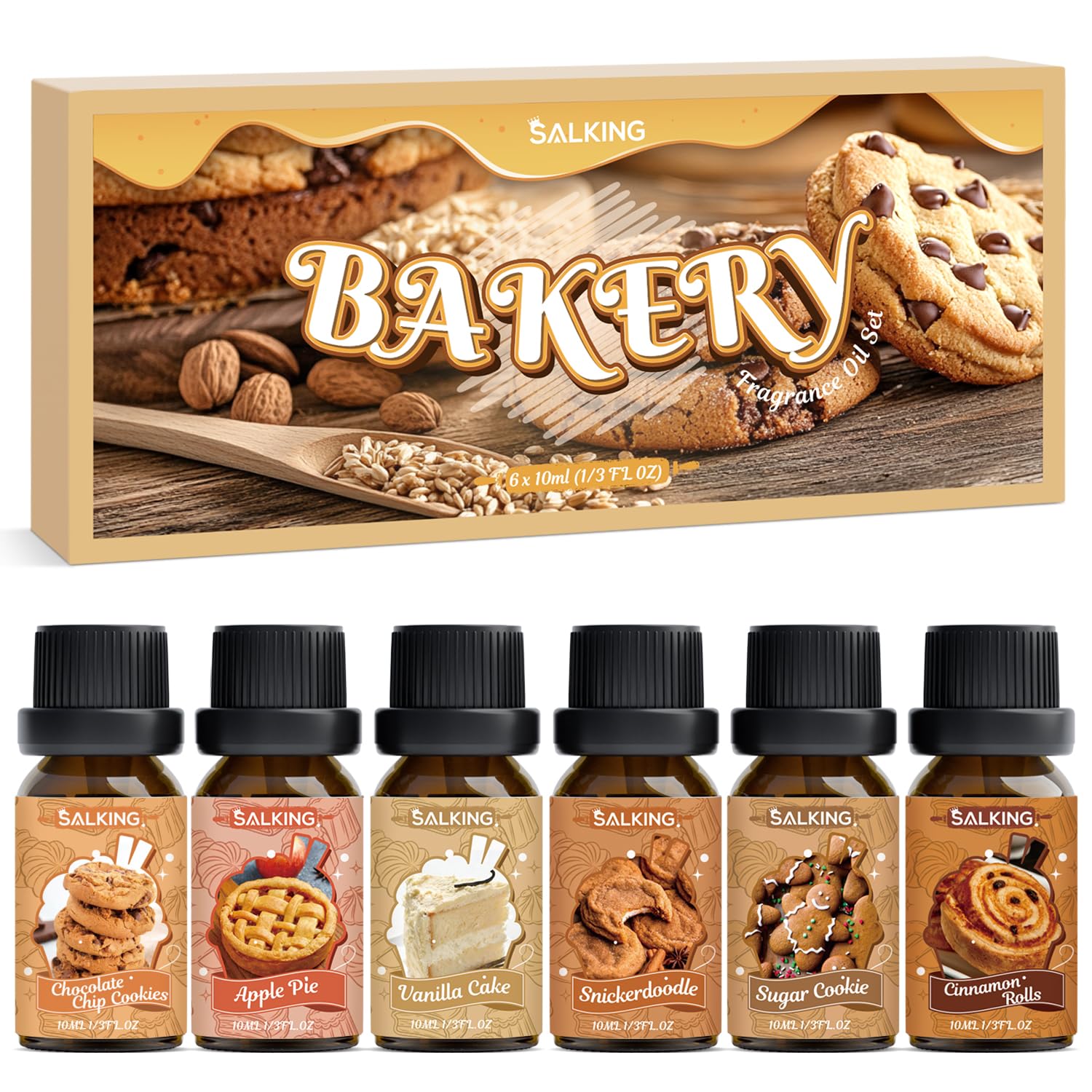 SALKING Bakery fragrance oils set shown with diffuser, long-lasting cozy aromas