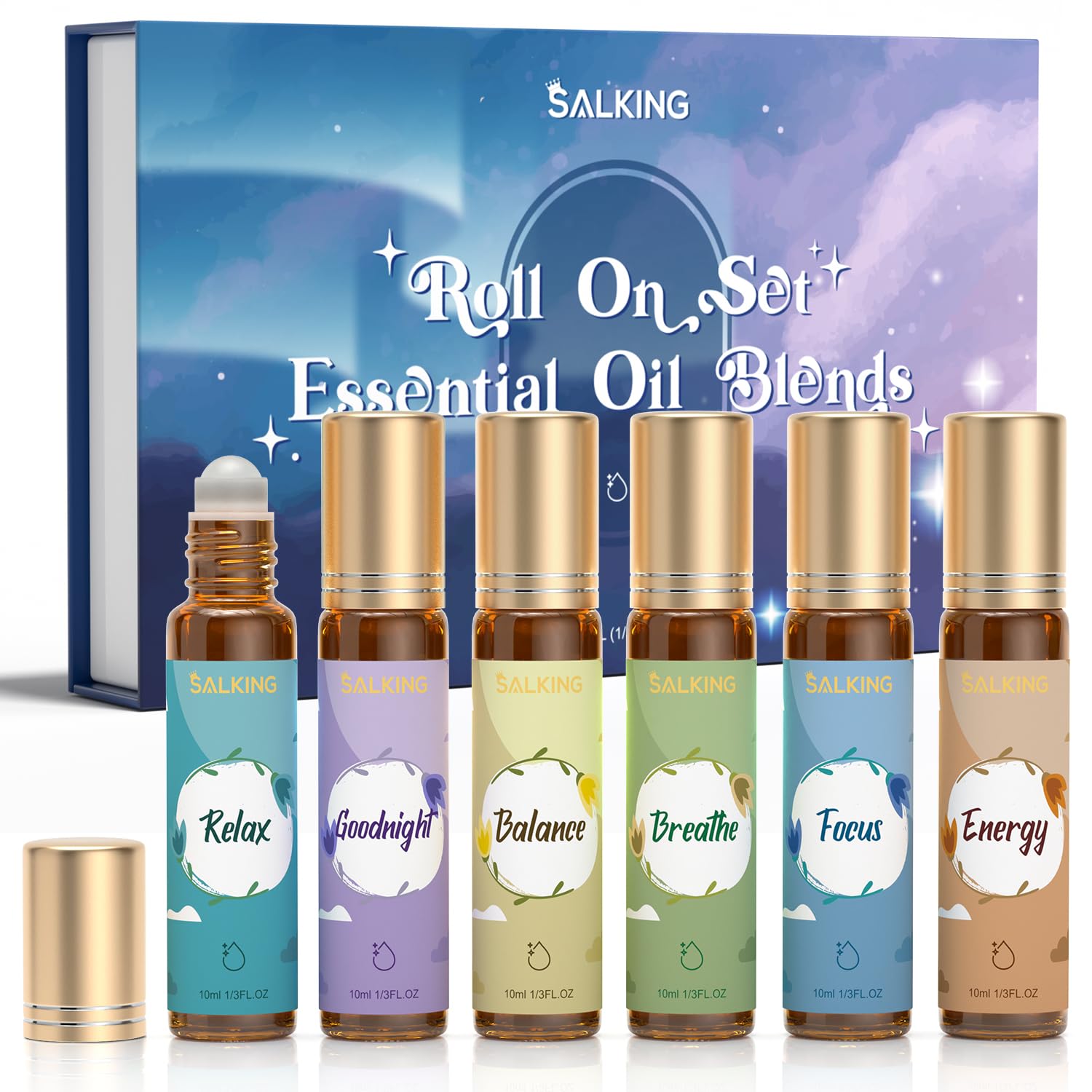 SALKING essential oils roll-on set with six bottles for on-the-go aromatherapy.