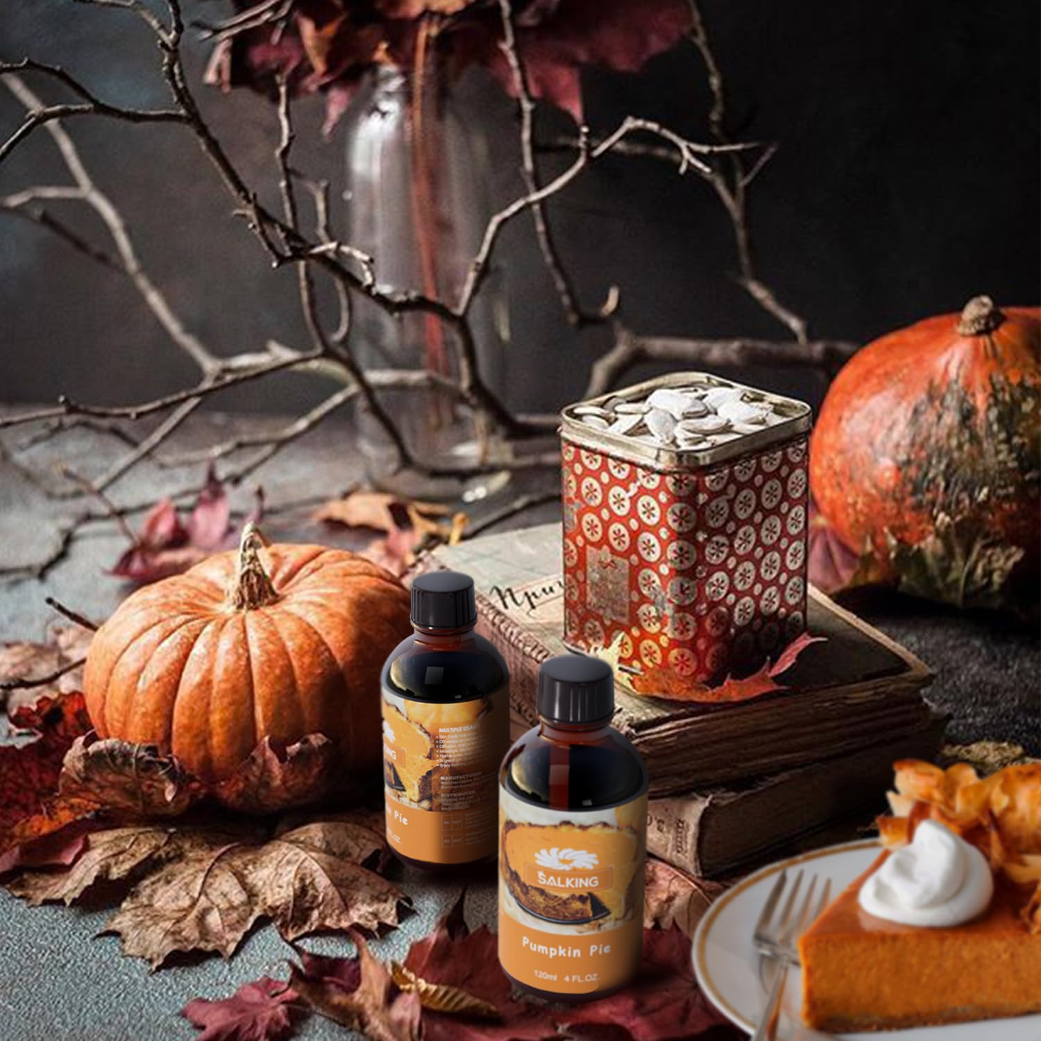 SALKING Pumpkin Pie Fragrance Oil packaging with dark amber bottle to protect scent.