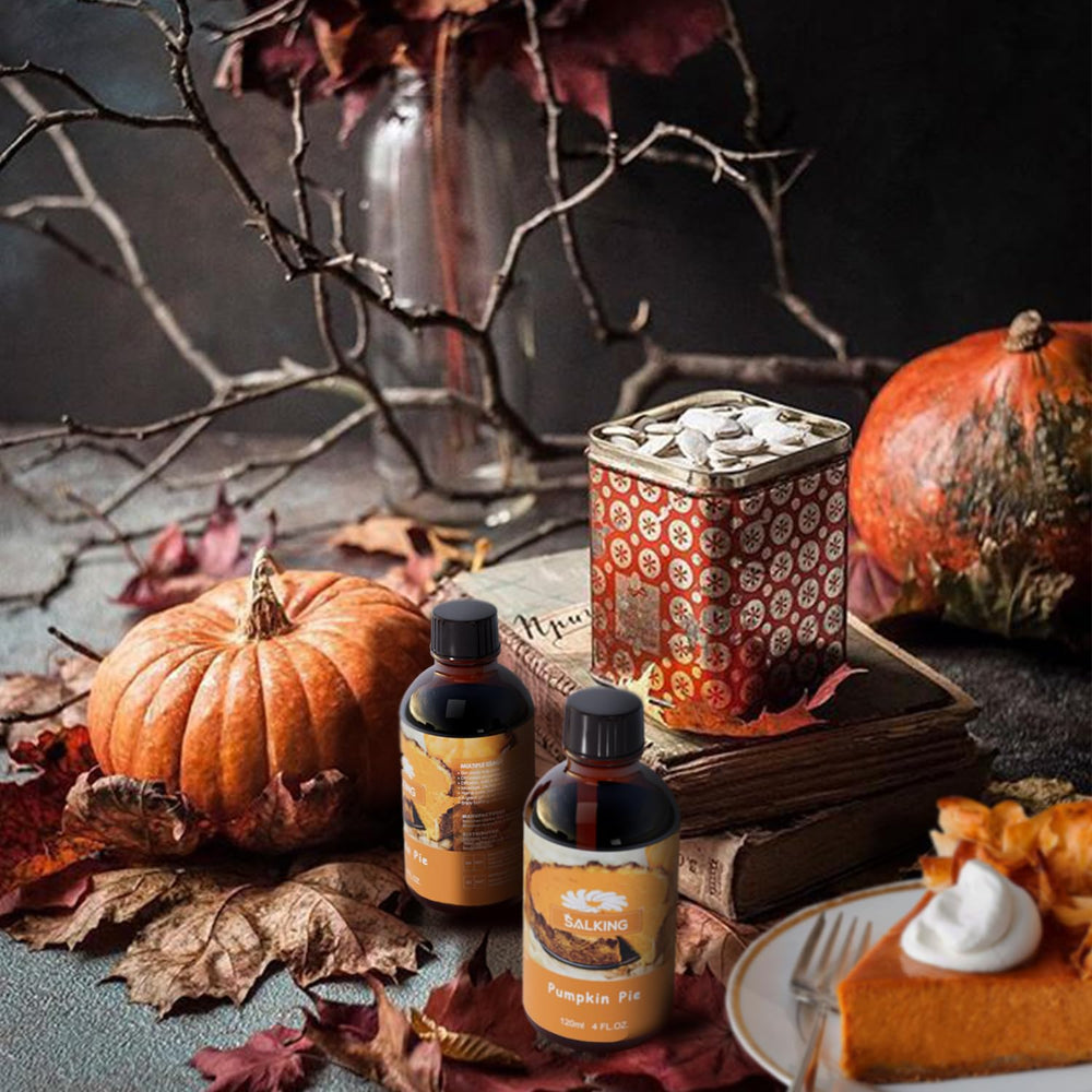 SALKING Pumpkin Pie Fragrance Oil packaging with dark amber bottle to protect scent.