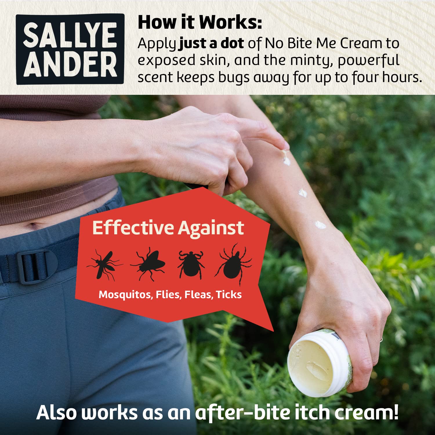 SALLYEANDER No Bite Me travel-size cream fits in a bag for on-the-go use.