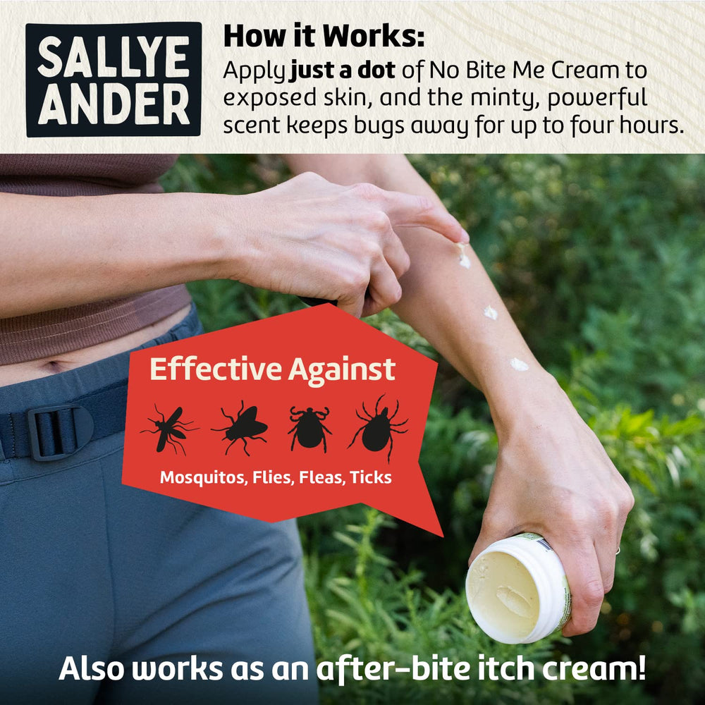 SALLYEANDER No Bite Me travel-size cream fits in a bag for on-the-go use.