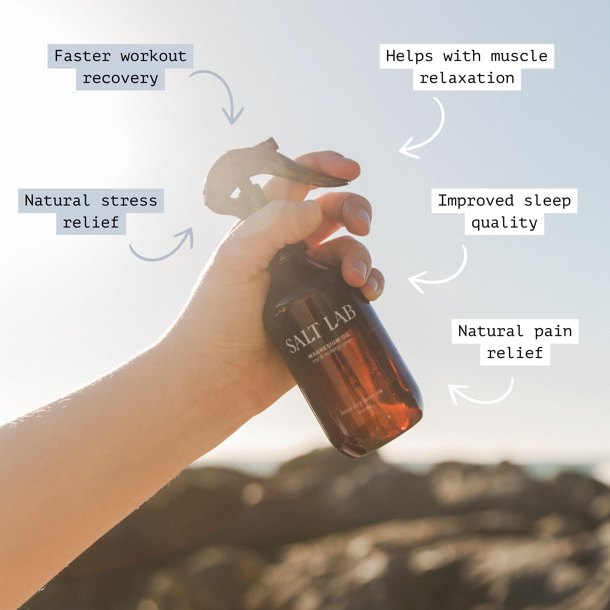 Salt Lab magnesium oil spray shown in travel-size bottle for on-the-go use.