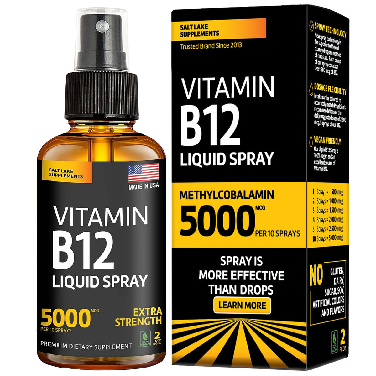 Salt Lake Supplements Vitamin B12 Sublingual Spray bottle front shows vegan, gluten-free energy support.