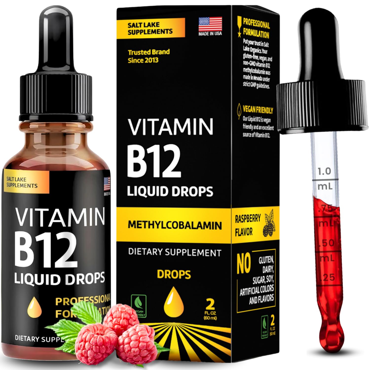 Salt Lake Supplements Vitamin B12 liquid bottle for quick, sublingual nutrient delivery.