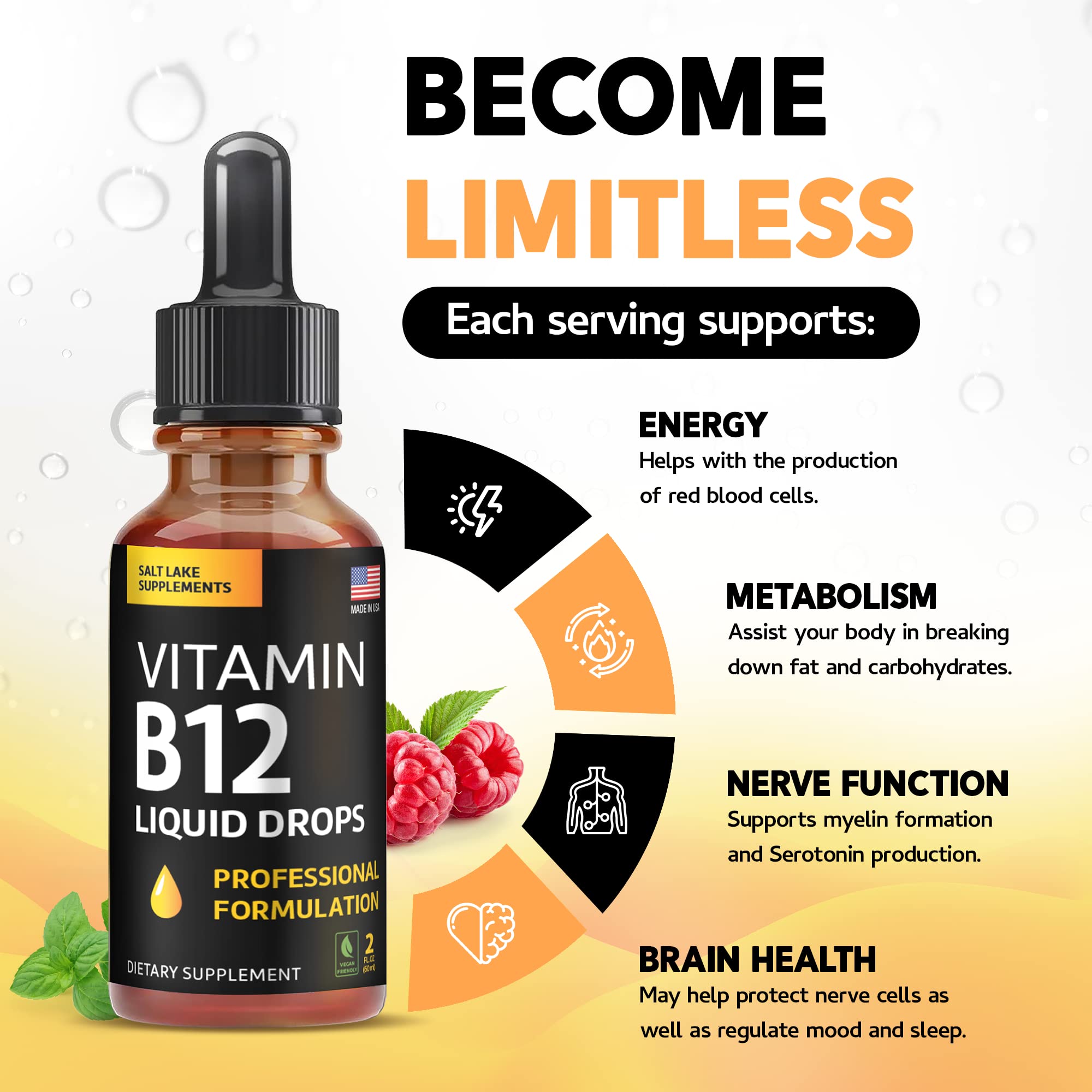 Salt Lake Supplements Raspberry-flavored B12 liquid for fast sublingual uptake.