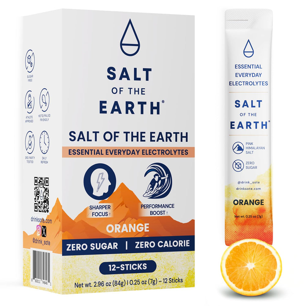 Salt of the Earth orange electrolyte packaging for on-the-go hydration.