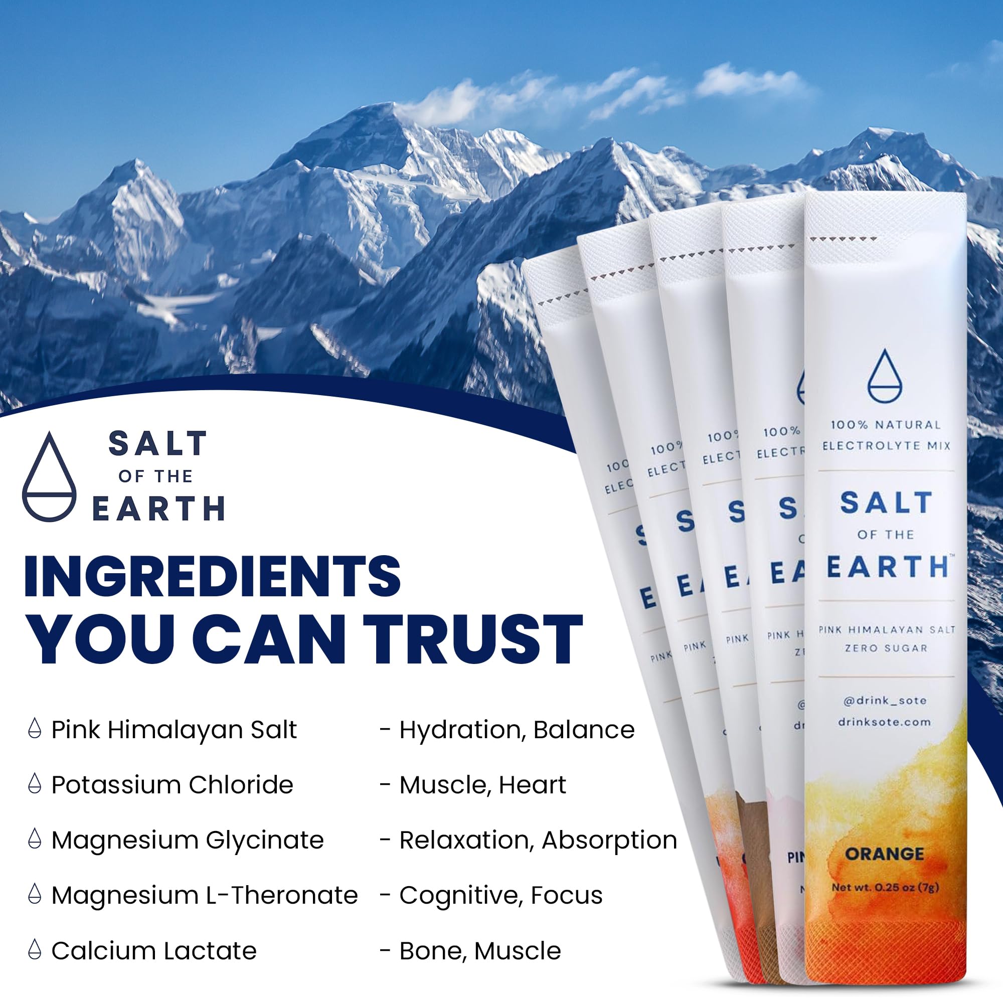 Salt of the Earth orange packaging on table emphasizing sugar-free hydration.