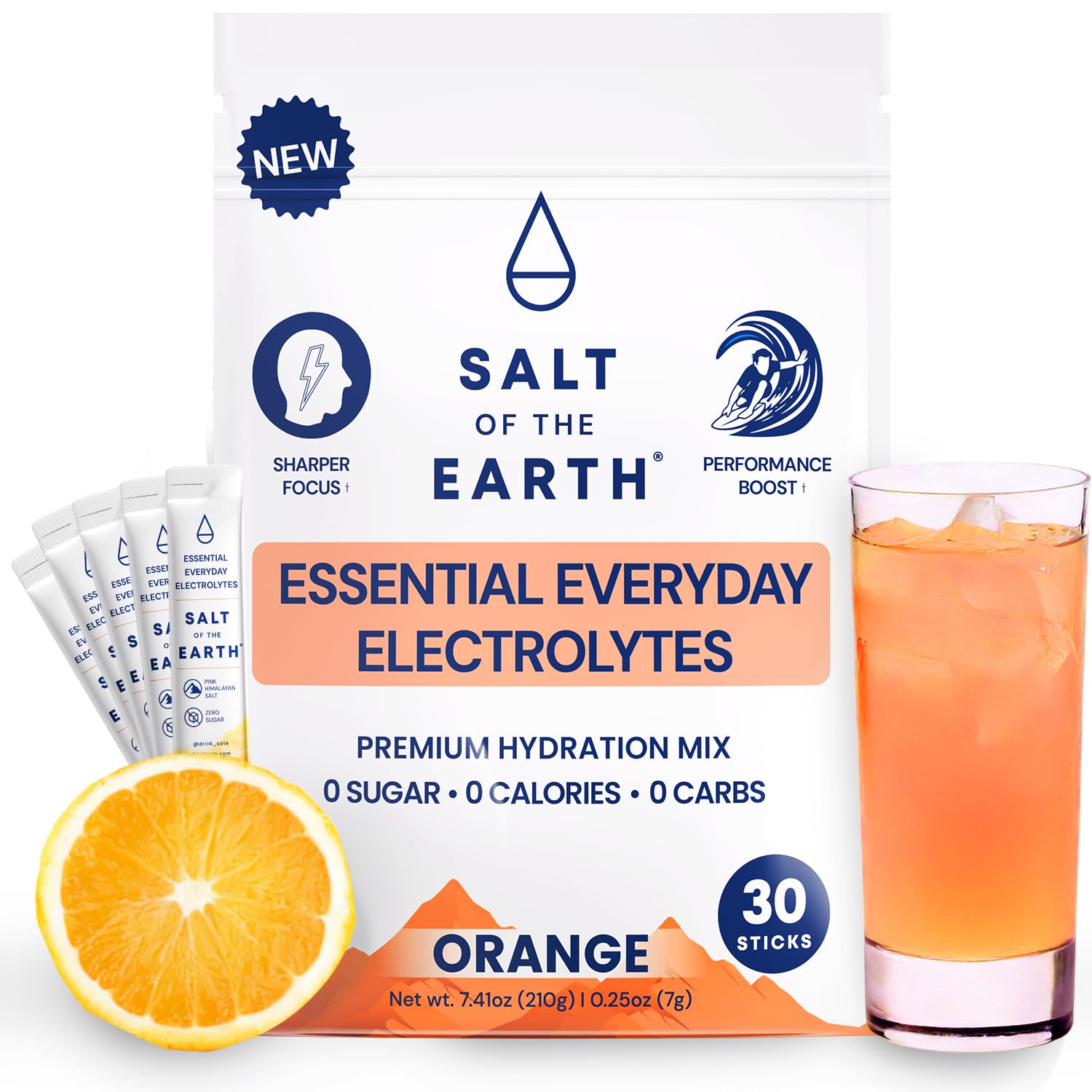 Salt of the Earth orange packet dissolving for quick hydration.