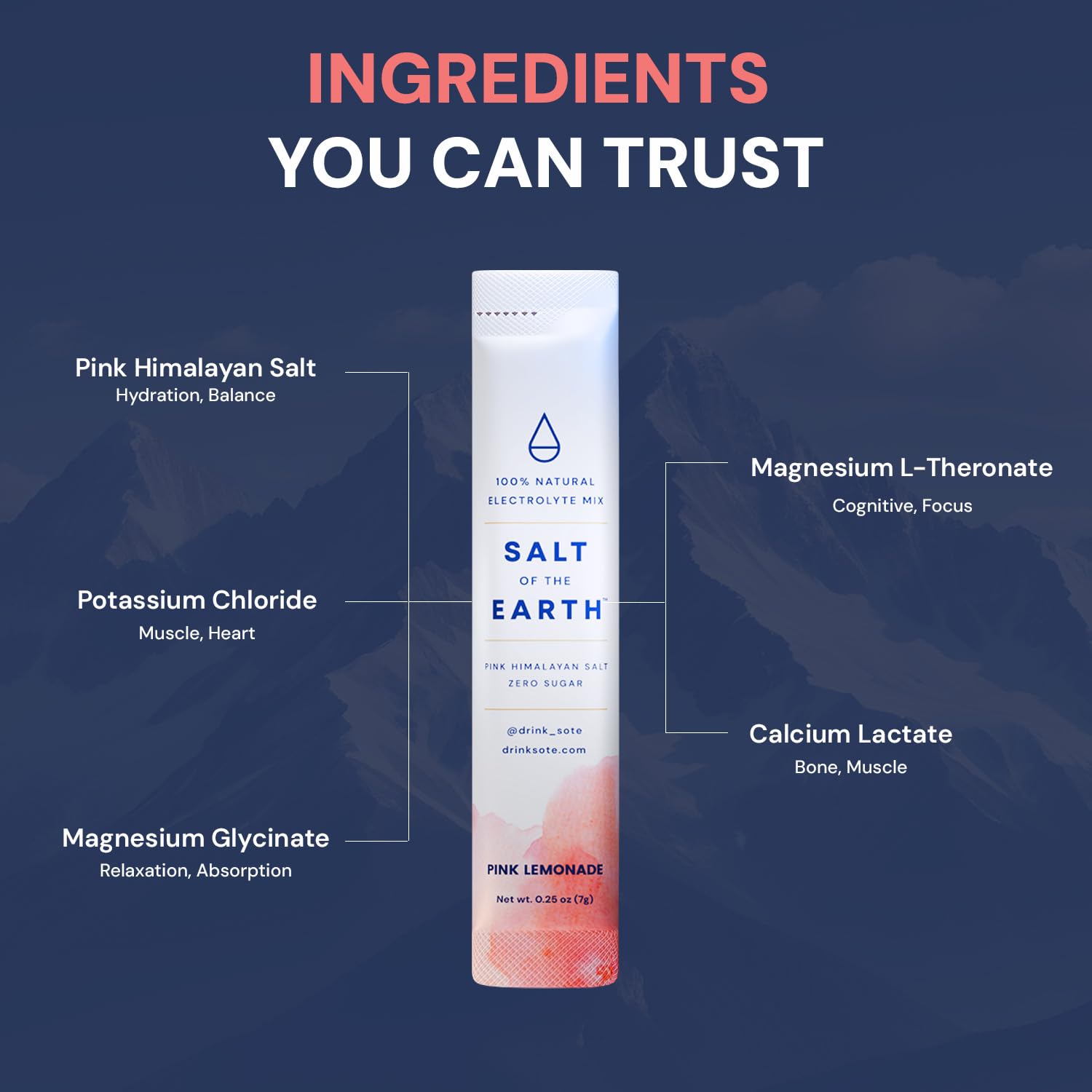 Salt of the Earth pink Himalayan salt mineral blend label highlighting purity.