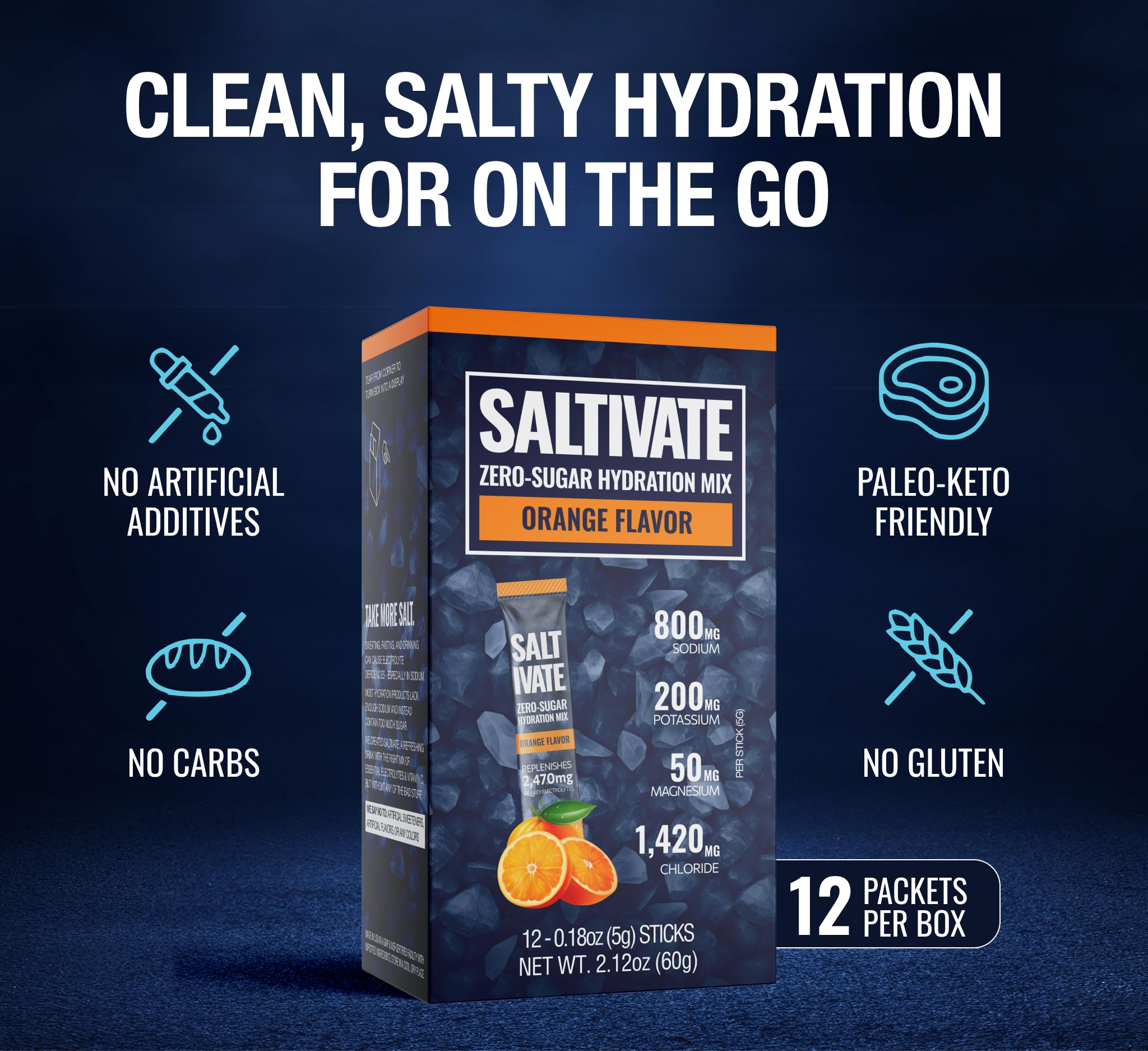 Saltivate Salty Orange electrolyte stick shown as a single-serve pack for fast hydration