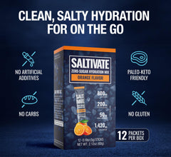 Saltivate Salty Orange electrolyte stick shown as a single-serve pack for fast hydration