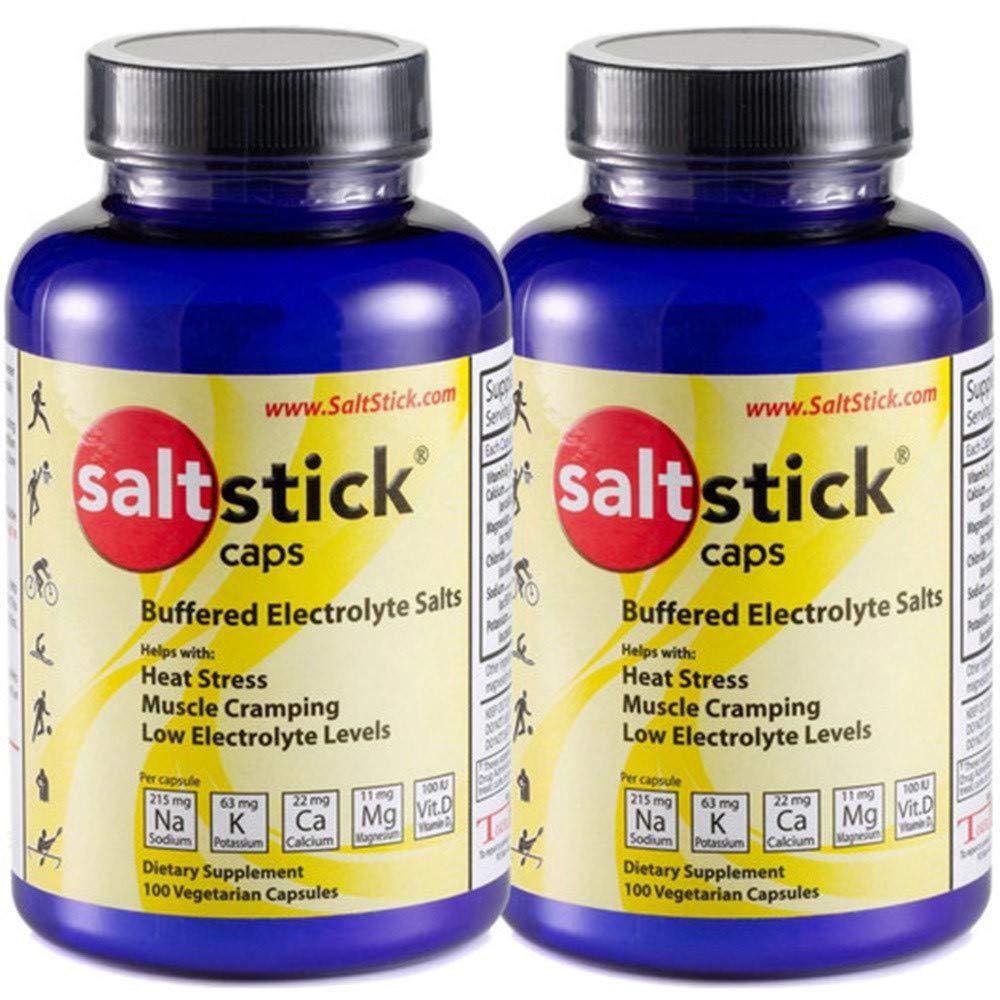 SaltStick Caps electrolyte bottle with 200-count packaging for on-the-go hydration.
