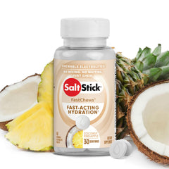 SaltStick Electrolyte FastChews coconut pineapple bottle front for on-the-go hydration during workouts