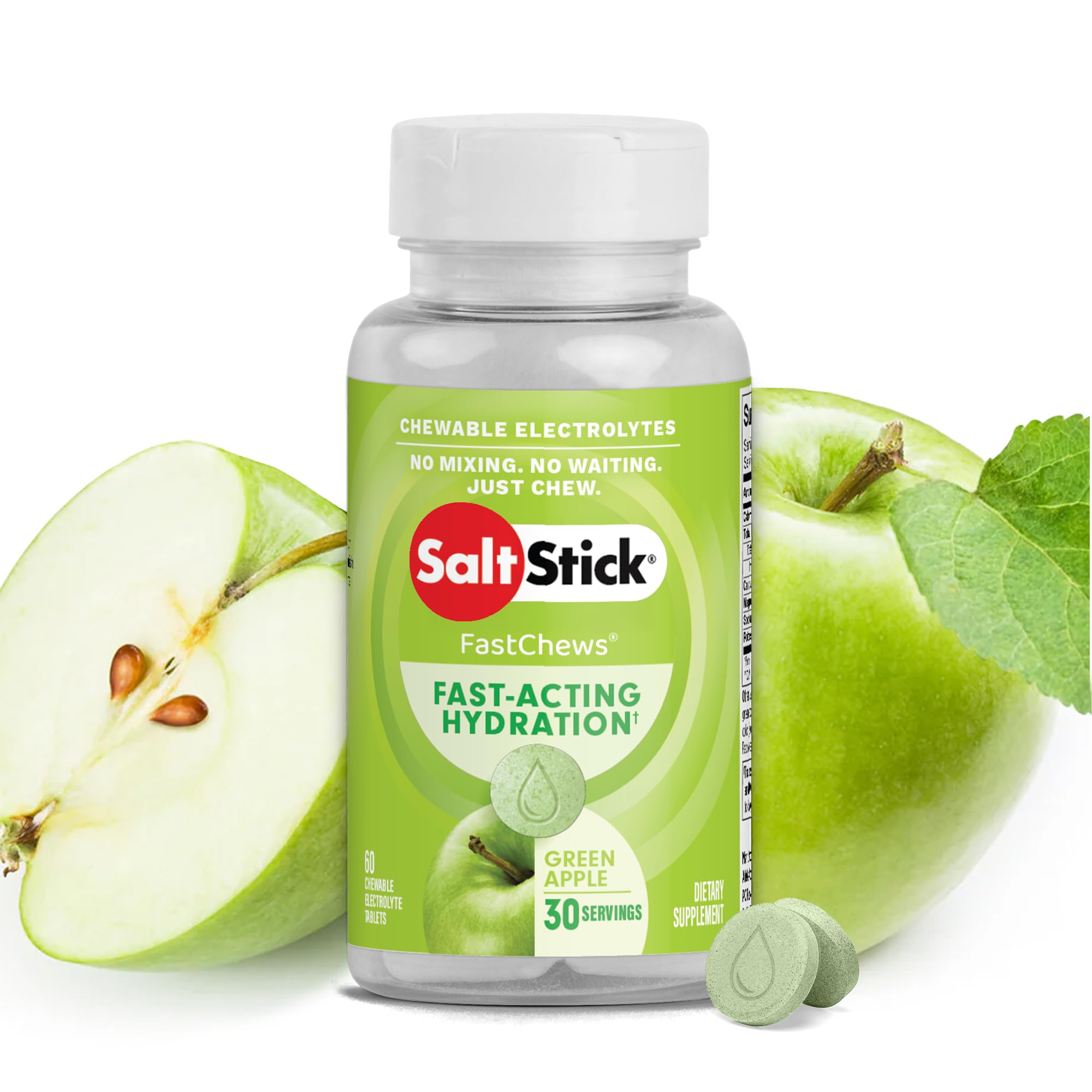 SaltStick Electrolyte FastChews green apple bottle shown for fast hydration on the go.