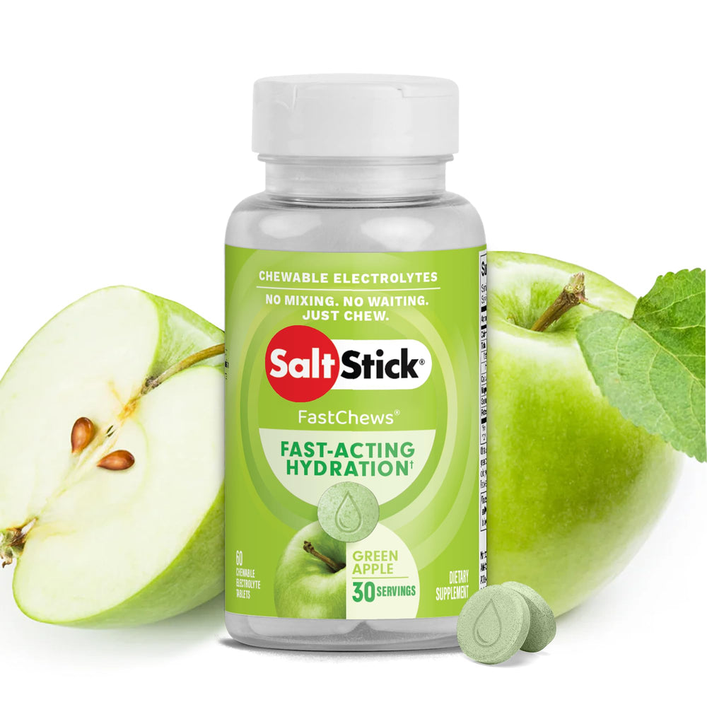 SaltStick Electrolyte FastChews green apple bottle shown for fast hydration on the go.
