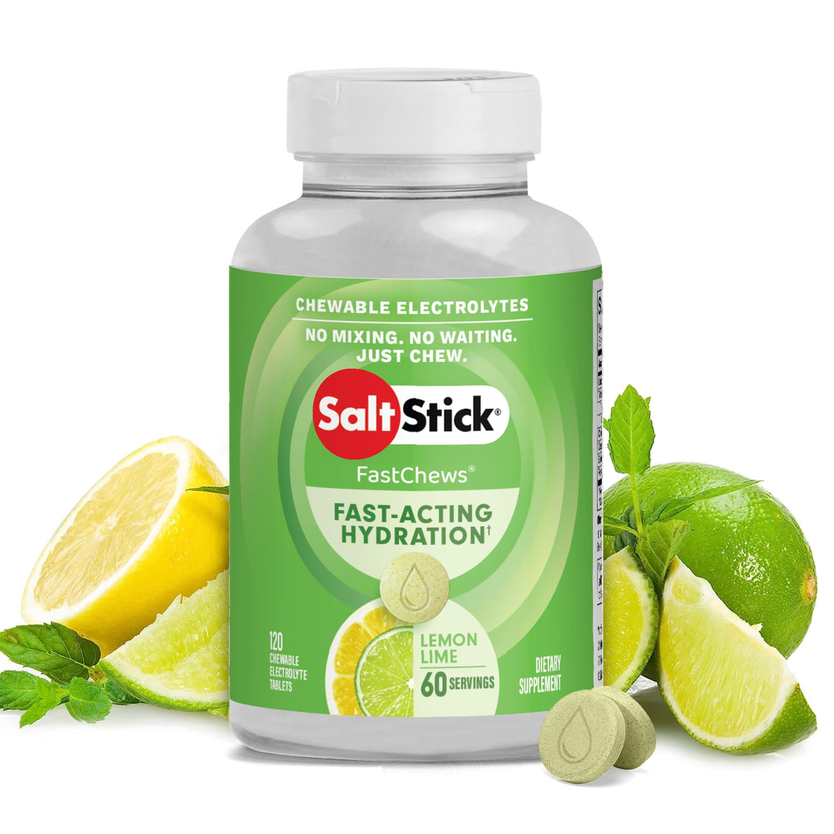SaltStick Electrolyte FastChews lemon lime bottle highlights quick hydration for workouts.