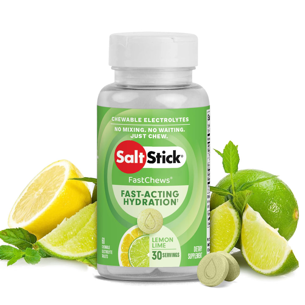 SaltStick Electrolyte FastChews lemon-lime bottle for quick hydration on the go.