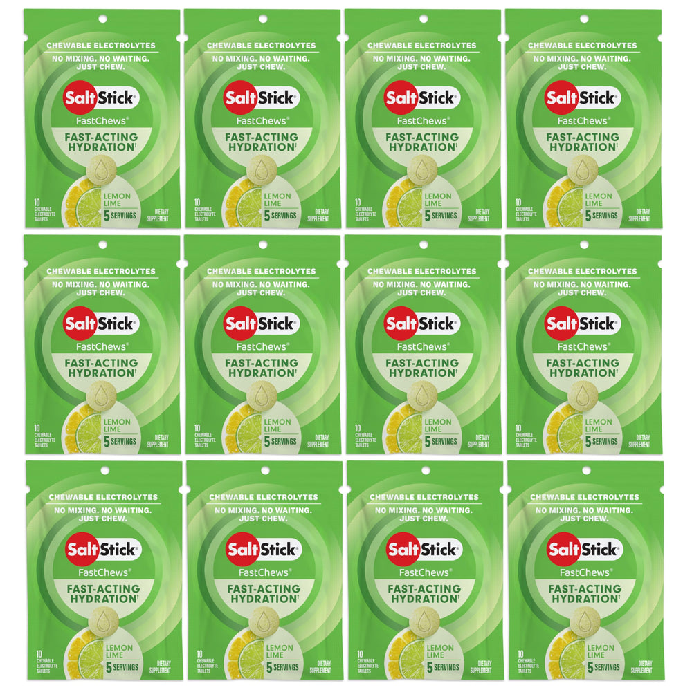 SaltStick Electrolyte FastChews lemon-lime tablets close-up for quick hydration.