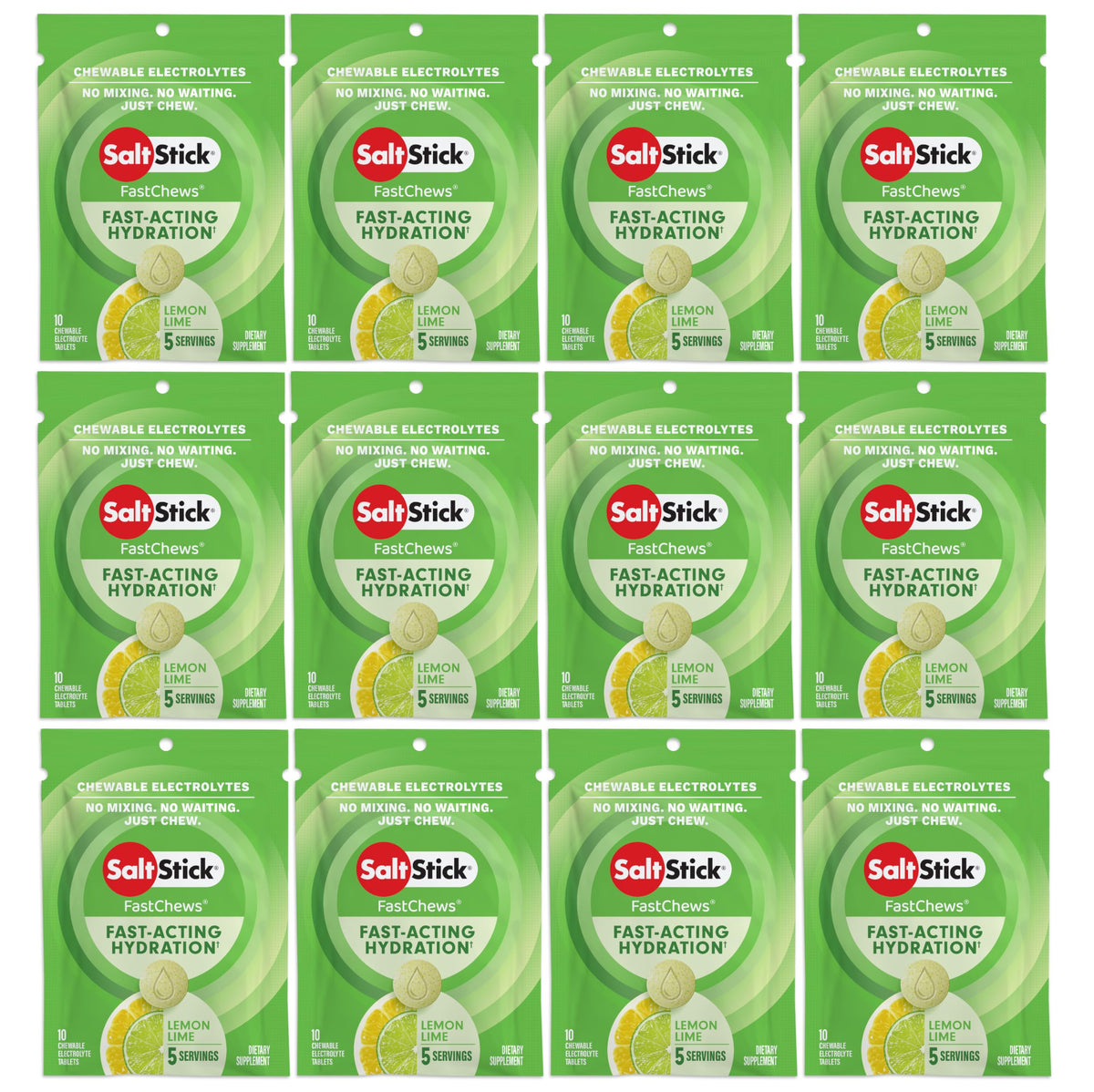 SaltStick Electrolyte FastChews lemon-lime tablets close-up for quick hydration.