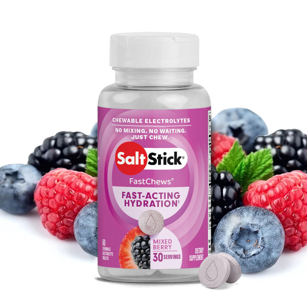 SaltStick Electrolyte FastChews mixed berry tablets for quick hydration during workouts
