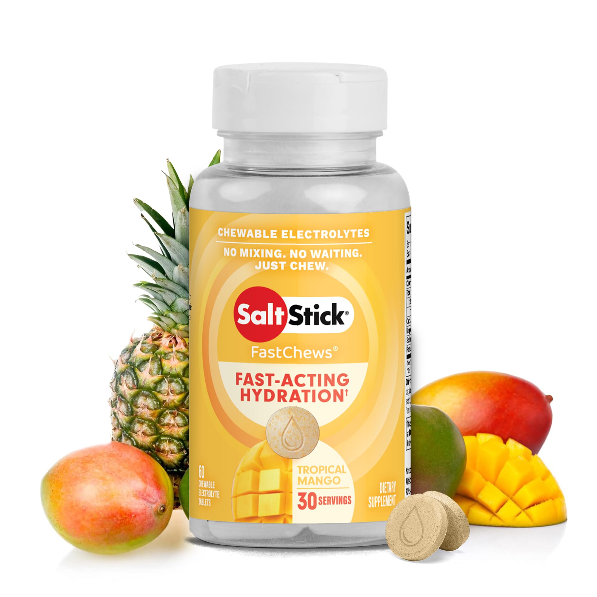 SaltStick Electrolyte FastChews bottle with tropical mango flavor for on-the-go hydration