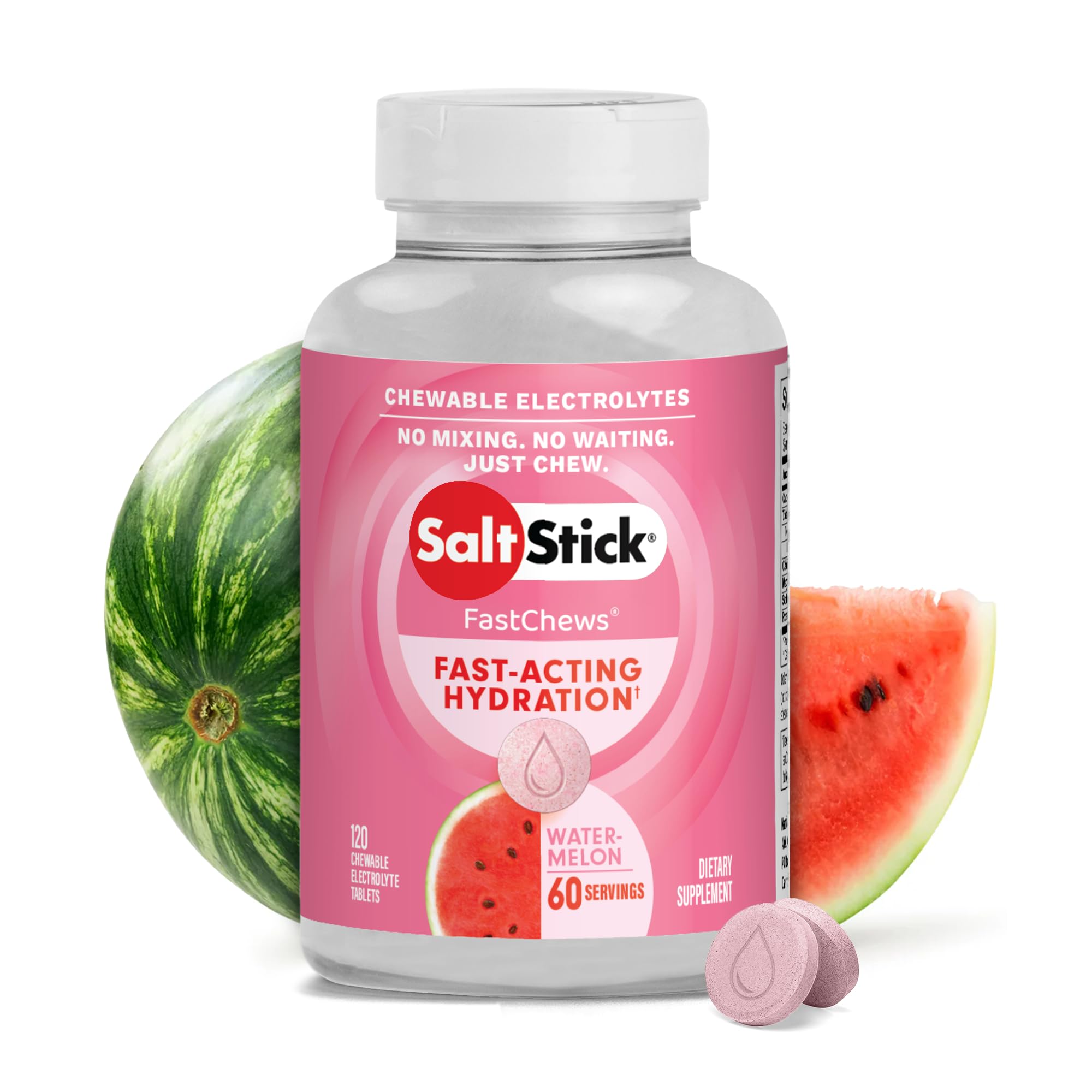 SaltStick Electrolyte FastChews Watermelon tablet close-up showing chewy texture for quick hydration