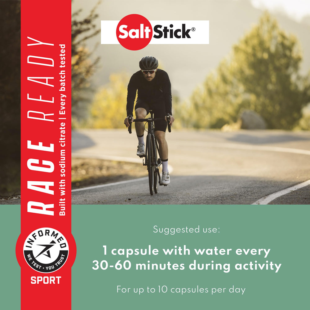 SaltStick label shows sodium, potassium, caffeine for quick energy.