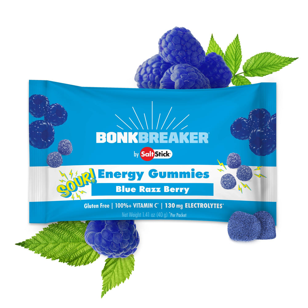 SaltStick Energy Gummies Sour Blue Raz pack for on-the-go fueling during workouts.