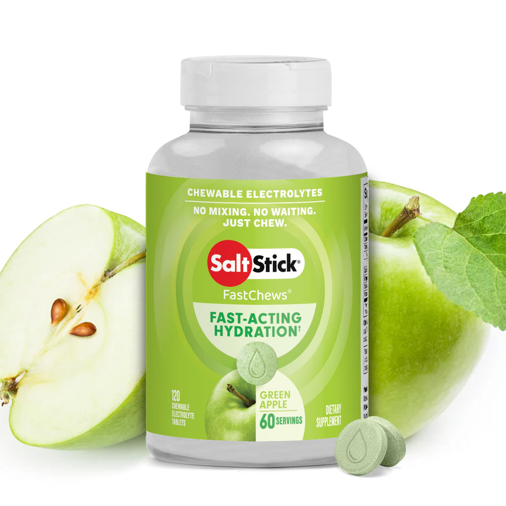 SaltStick FastChews green apple tablets close-up showing quick hydration support