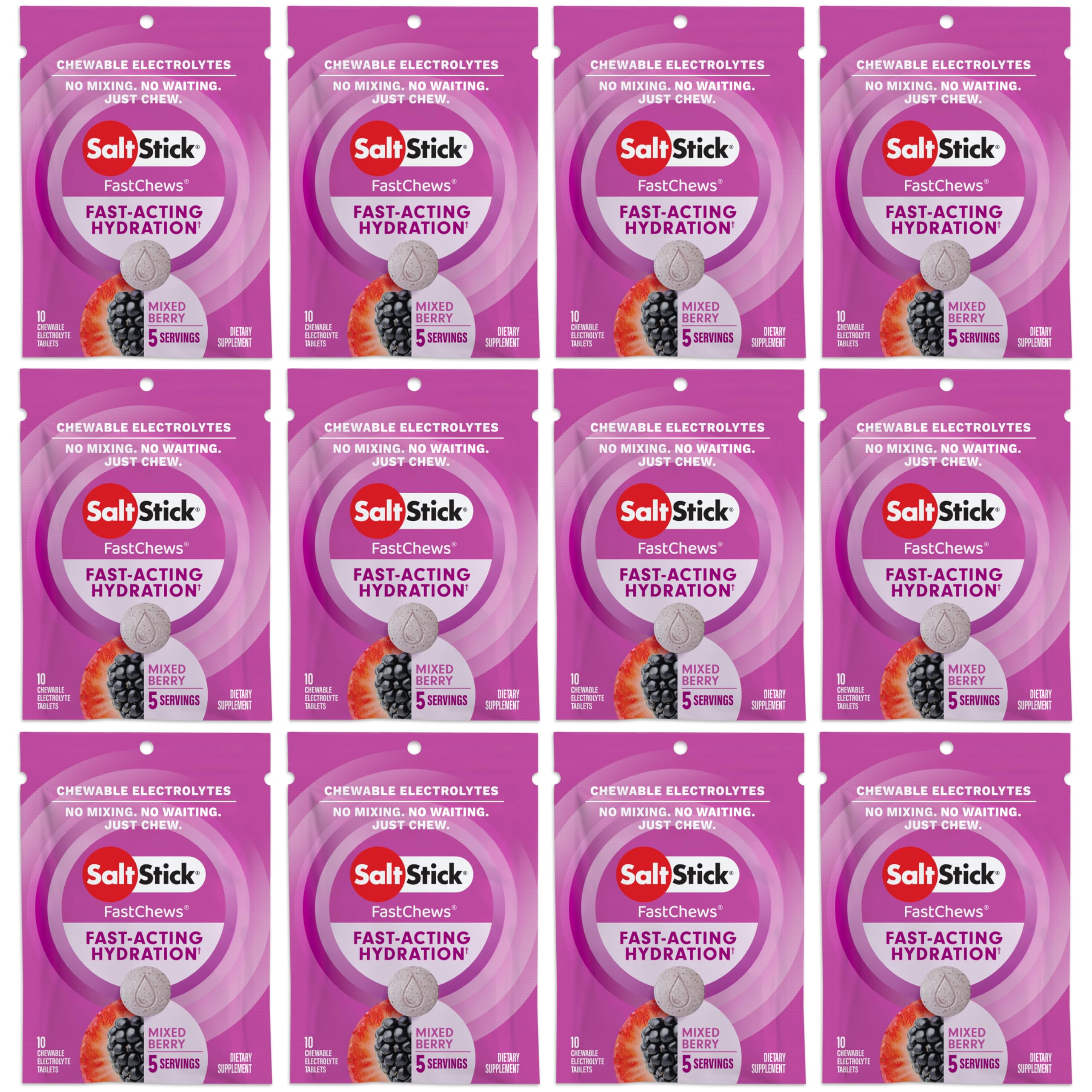 SaltStick FastChews mixed berry tablets for quick hydration on the go.