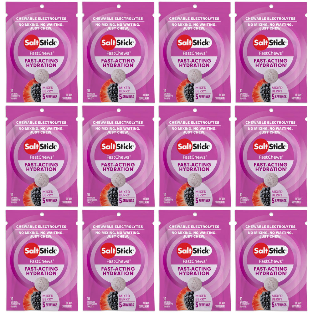 SaltStick FastChews mixed berry tablets for quick hydration on the go.