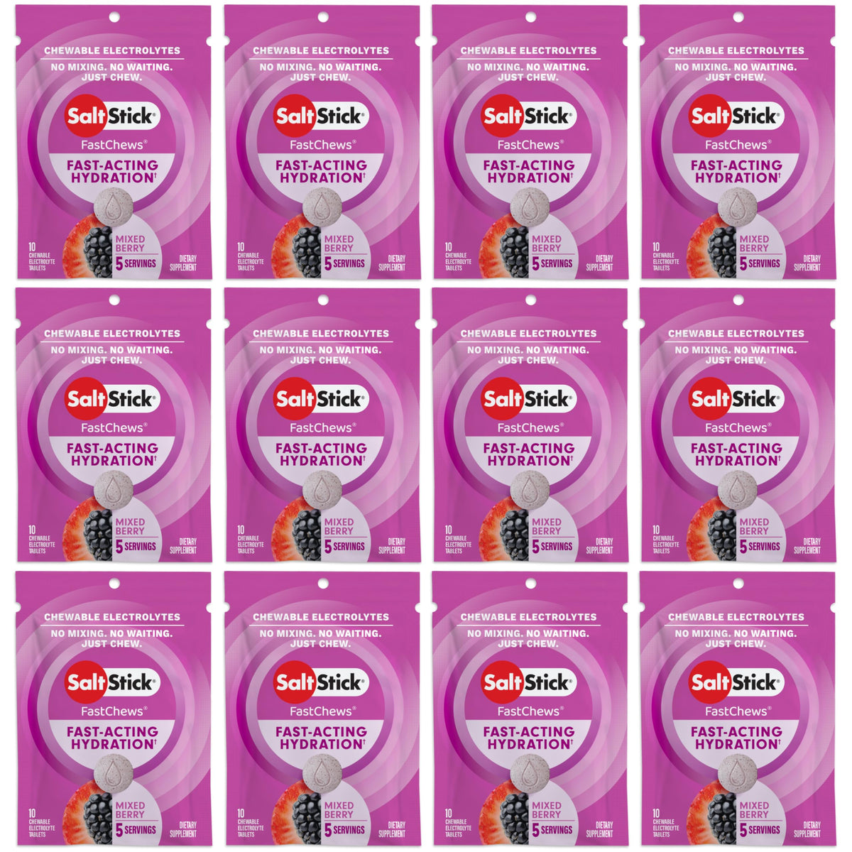 SaltStick FastChews mixed berry tablets for quick hydration on the go.