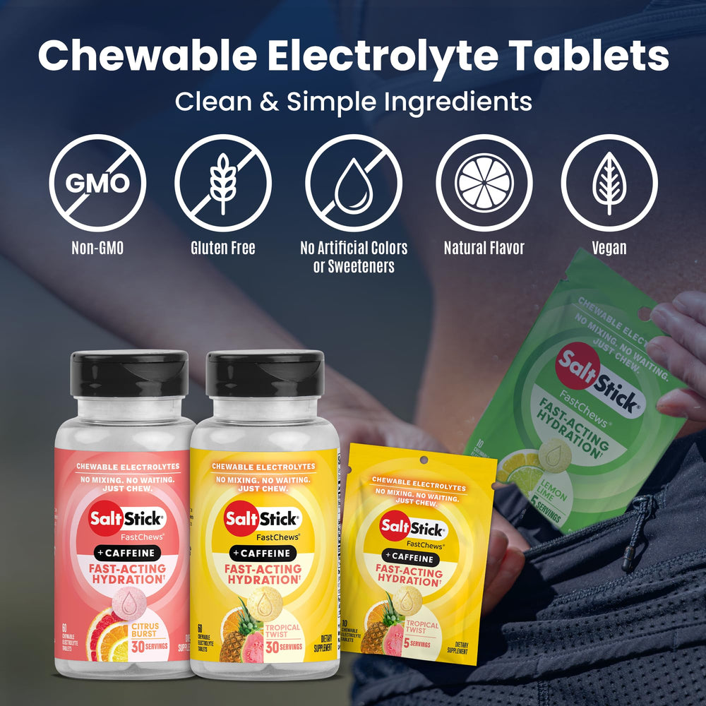 SaltStick FastChews packet open revealing portable, pocket-ready electrolyte chews.