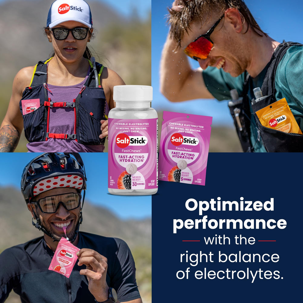 SaltStick FastChews serving idea beside a water bottle.