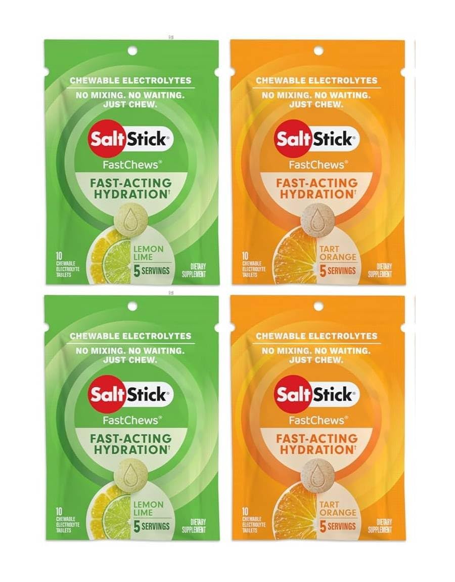 SaltStick FASTCHEWS tart orange and lemon-lime tablets for quick hydration on the go.