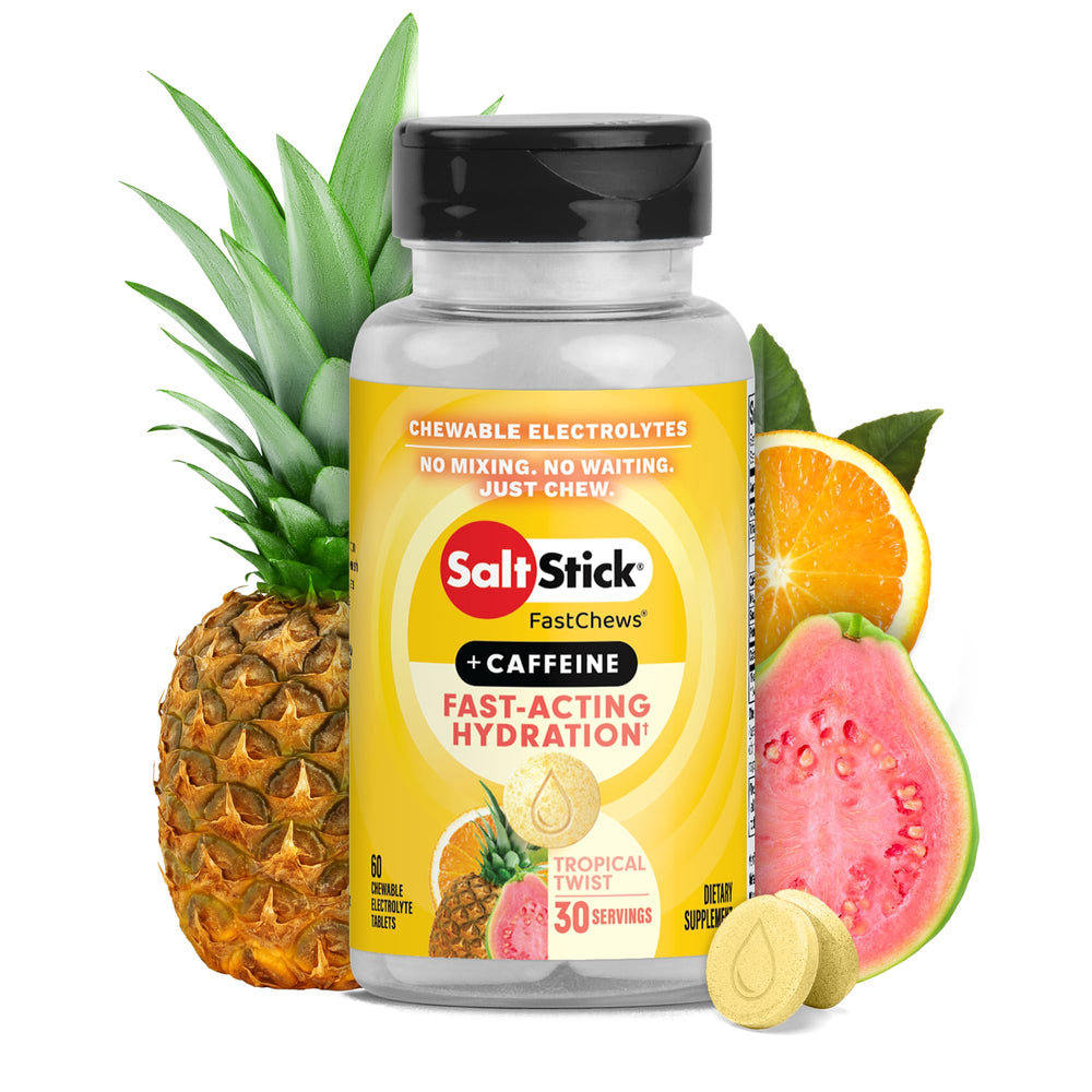 SaltStick FastChews Tropical Twist bottle for long-run hydration.