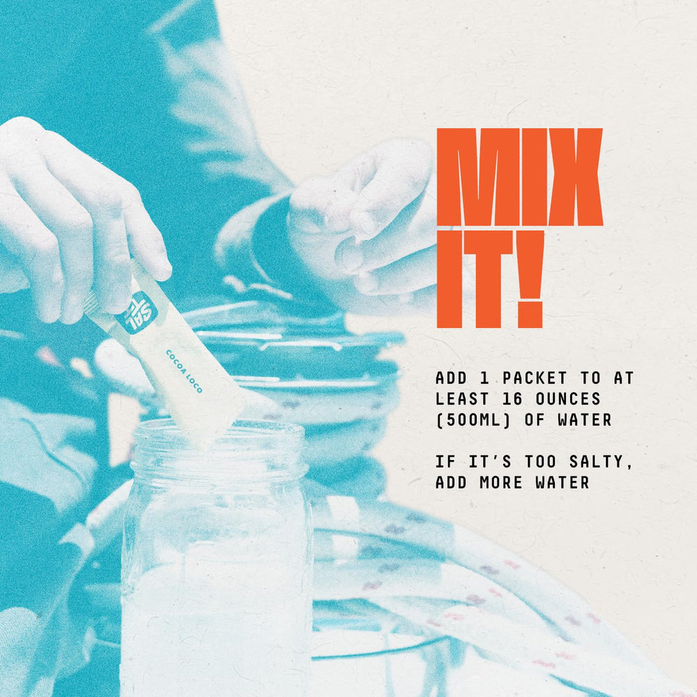 SALTT Cocoa Loco dissolving in water to create a refreshing electrolyte drink.