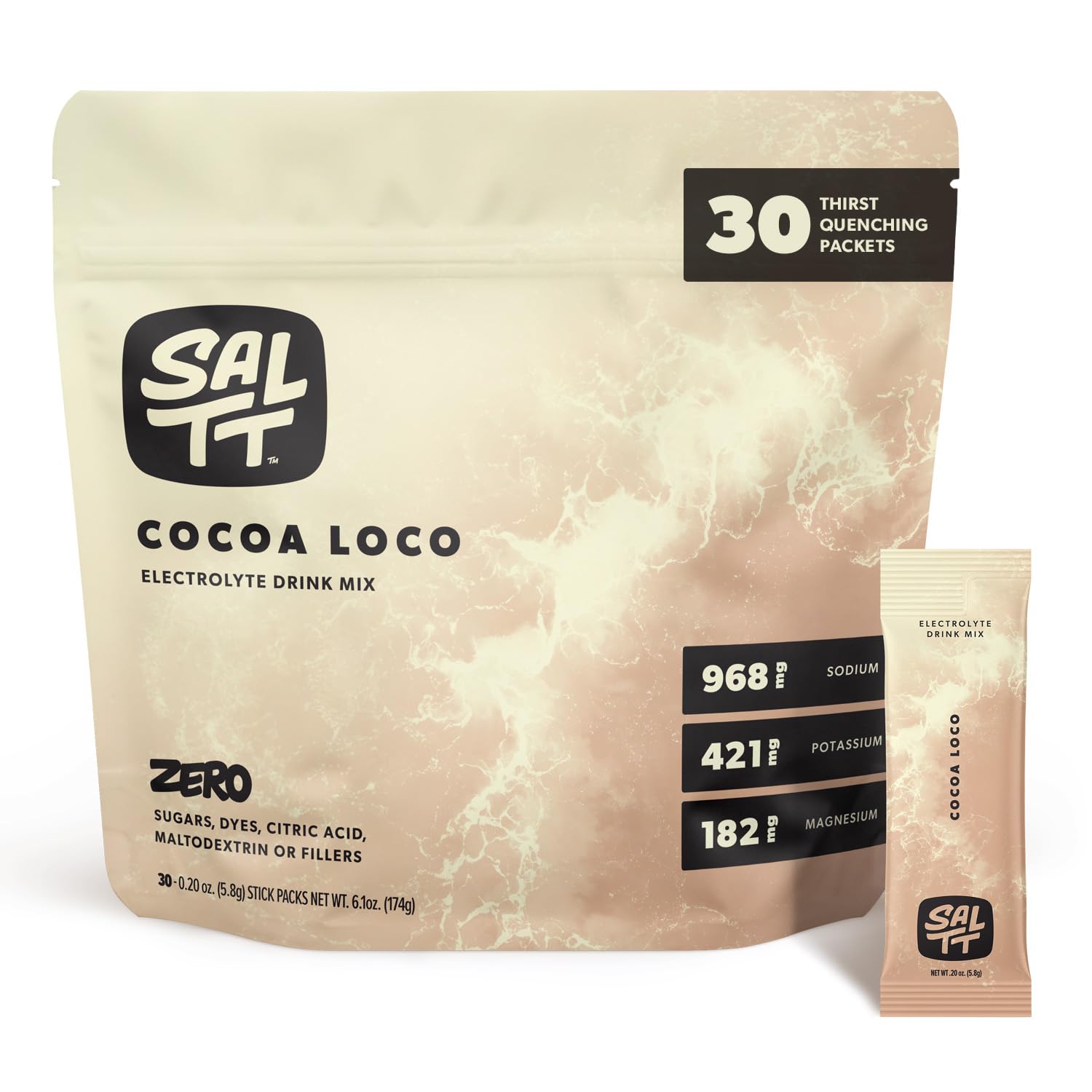 SALTT Cocoa Loco packets front view for on-the-go hydration after workouts.